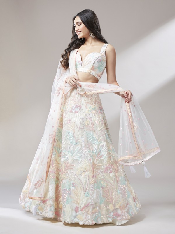 Soft Premium Net Party Wear Wear Lehenga In Cream Color With Embroidery Work 