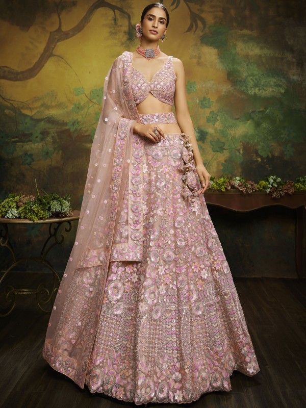 Soft Premium Net Party Wear Wear Lehenga In Peach Color With Embroidery Work 