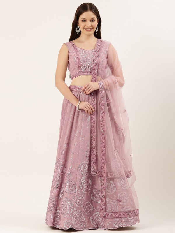 Pure Geogratte Net Party Wear Wear Lehenga In Lavender With Embroidery Work 