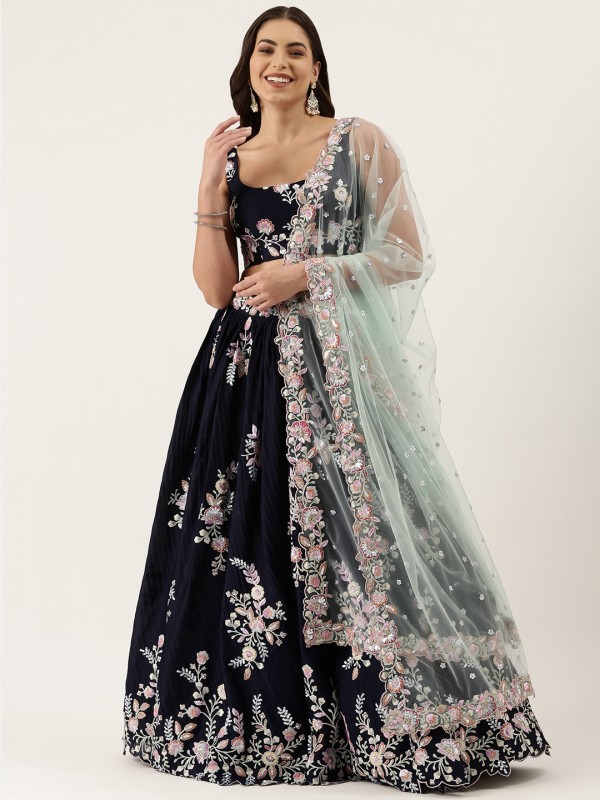 Pure Georgette Party Wear Wear Lehenga In Navy Blue Color With Embroidery Work 