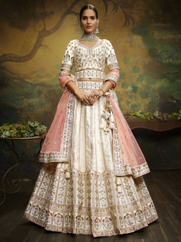 Pure Silk Wedding Wear Wear Lehenga In Off White Color With Embroidery Work 