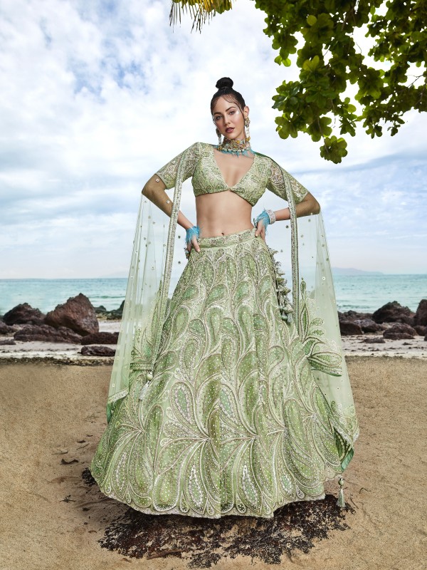 Soft Premium Net Party Wear Wear Lehenga In Light Green Color With Embroidery Work 