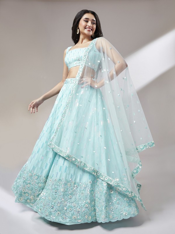 Pure Geogratte Party Wear Wear Lehenga In Turquoise With Embroidery Work 