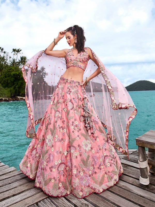 Pure Organza Silk Lehenga In Pink Color With Embroidery Work 