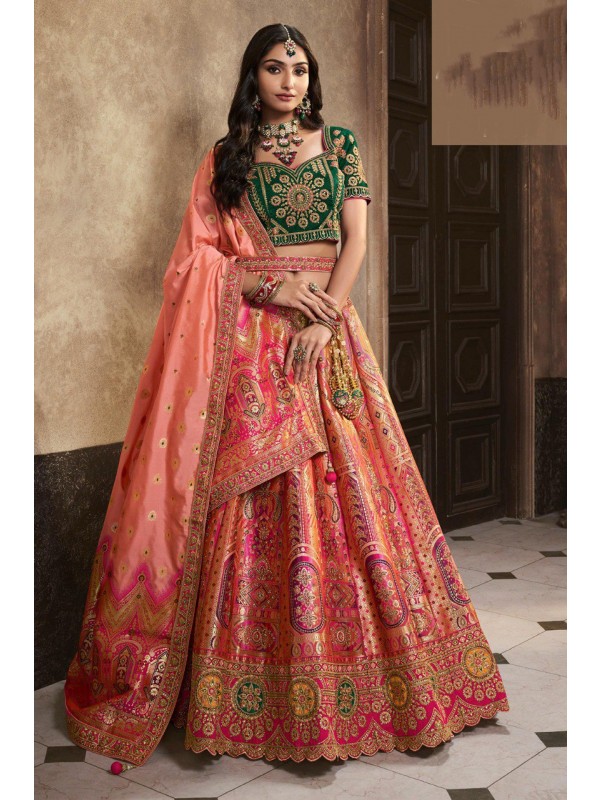 Pure  Banarasi Silk Wedding Wear Lehenga in Multi Color With Embroidery Work