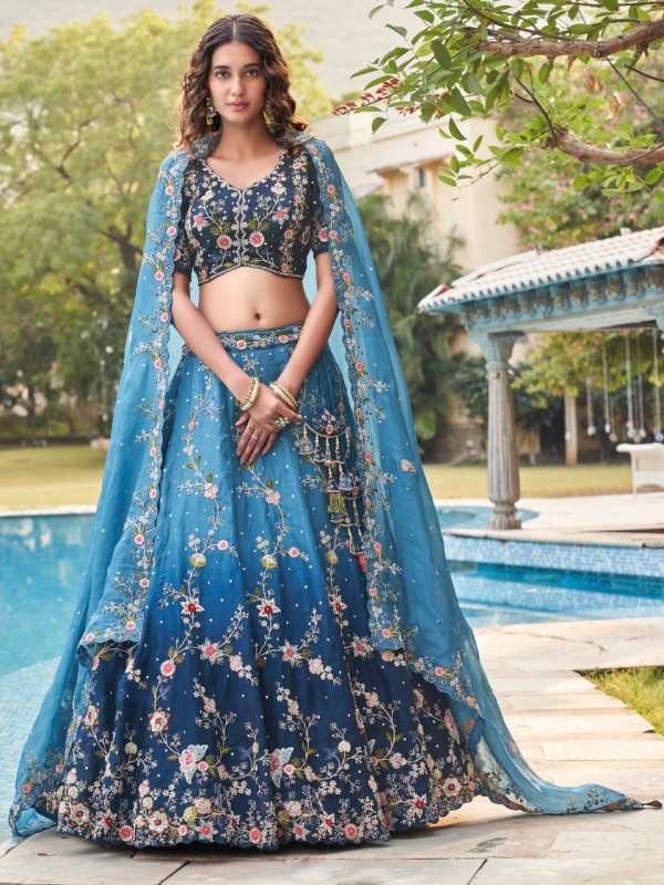 Pure Organza Party Wear Wear Lehenga In Blue Color With Embroidery Work 