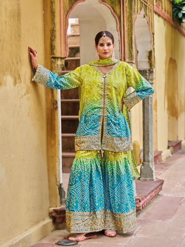 Pure Chinon Silk Party Wear Sharara Multi Color with Embroidery Work