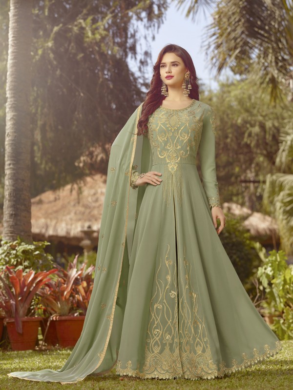 Soft Georgette Party Gown Wear In Green With Embroidery & Stone Work