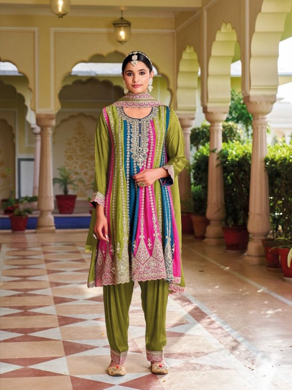 Blooming Chinon  Silk Party Wear Suit in Green Color with Embroidery Work