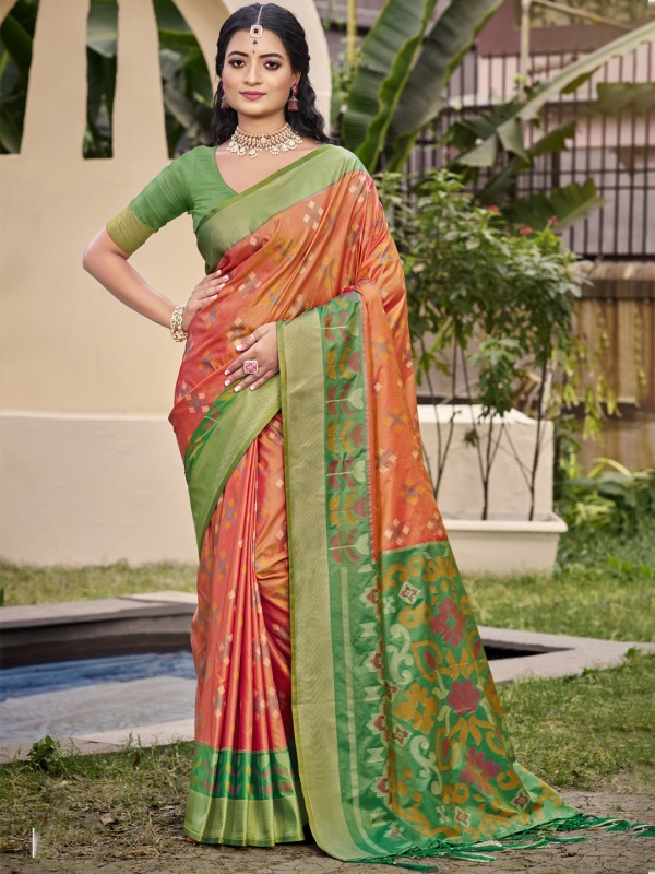 Banarasi Silk Saree In Color Orange & Green Color