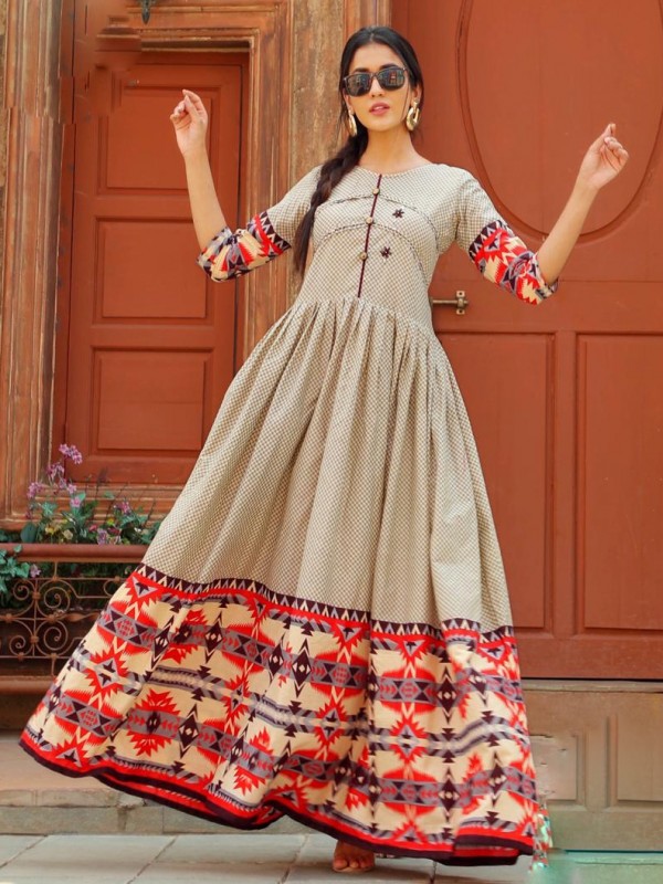 Heavy Cotton Fabrics Long Kurti In Beige Color With Digital Print