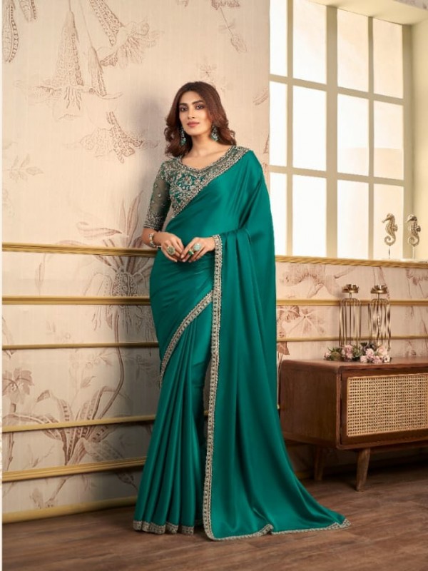 Sateen Organza  Party wear Saree Teal Green Color With Embroidery Work