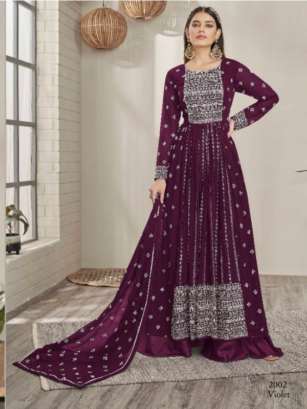 Pure Georgette Party Wear Gown In Voilet With Embroidery Work 
