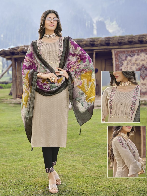 Viscose Party Wear Suit in Cream Color With HandWork