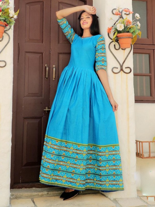 Heavy Cotton Fabrics Long Kurti In Sky Blue Color With Digital Print