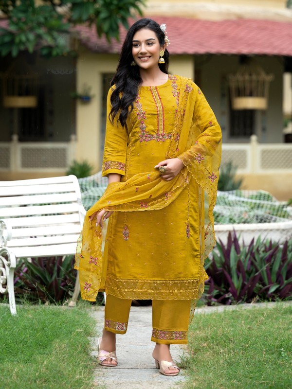 Pure Silk Party Wear Suit in Yellow Color With Embroidery Work