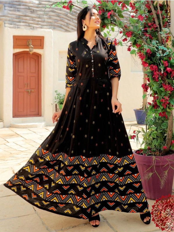 Heavy Cotton Fabrics Long Kurti In Black Color With Digital Print