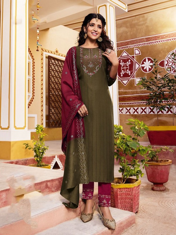 Pure Chinon Fabric Party Wear Suit In Mehndi Green Color With Embroidery Work 