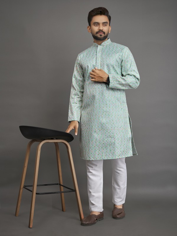 Vanila Silk Readymade Kurta set in with Turquoise Color Embroidery Work