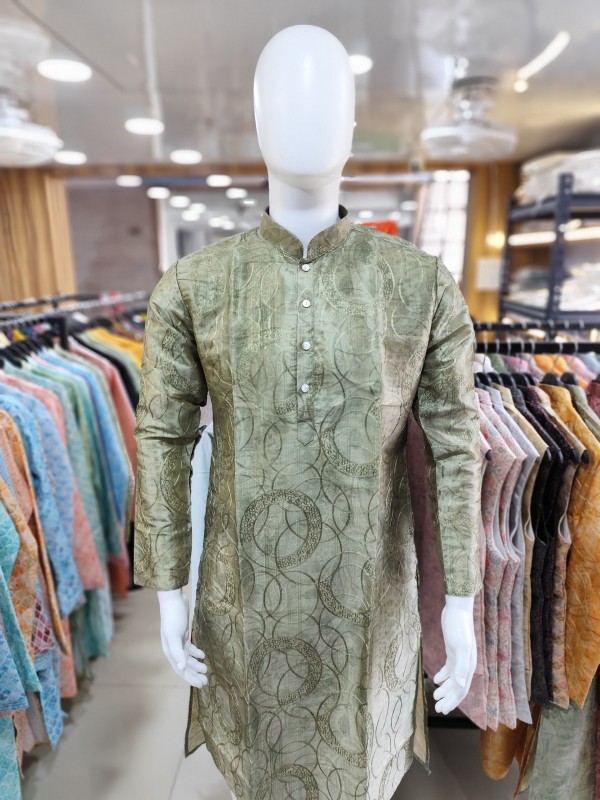 Pure Silk Readymade Kurta set in Green Color With Jacquard Weaving 