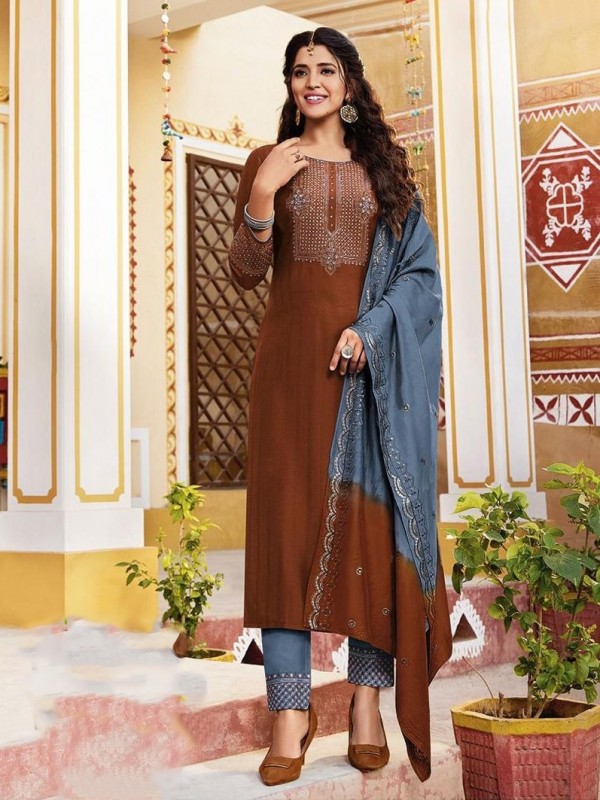 Pure Chinon Fabric Party Wear Suit In Coffee Color With Embroidery Work 