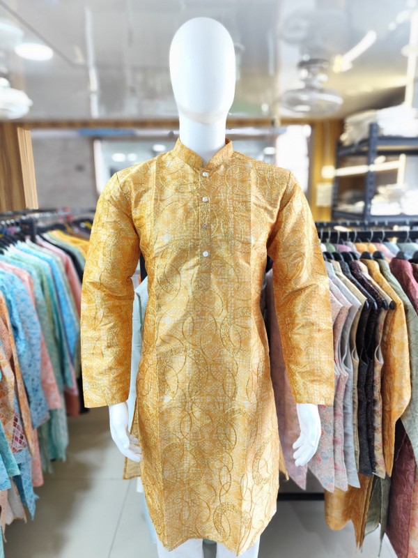 Pure Silk Readymade Kurta set in Yellow Color With Jacquard Weaving 