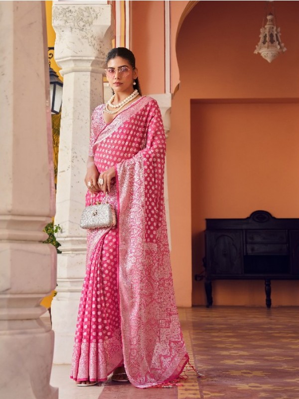 Georgette Party wear Saree In Pink Color With Weaving Butta Border Work
