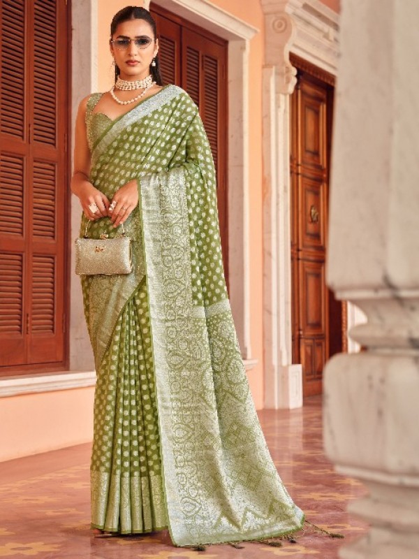 Georgette Party wear Saree In Lime Green Color With Weaving Butta Border Work