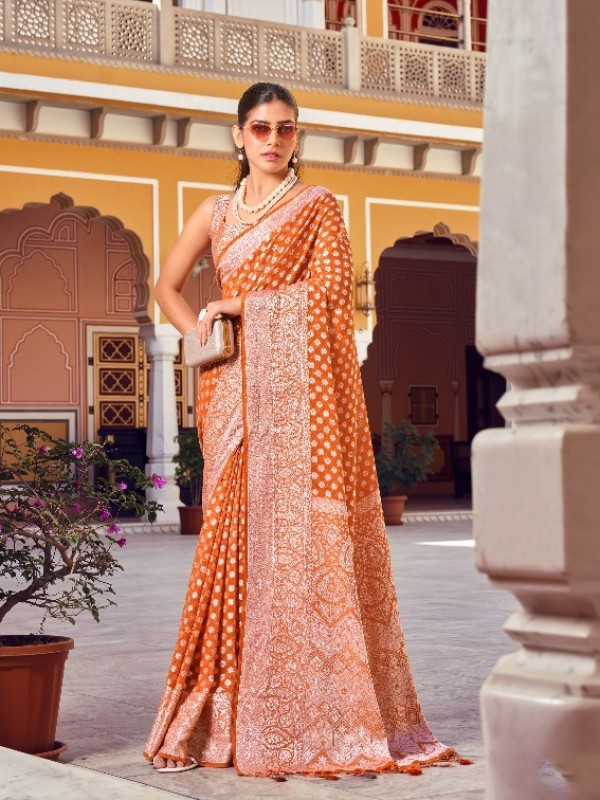 Georgette Party wear Saree In Orange Color With Weaving Butta Border Work