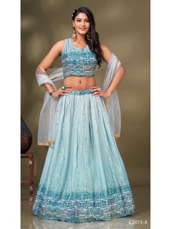 Chinon Silk Fabrics Party Wear Lehenga in Blue Color With Embroidery  