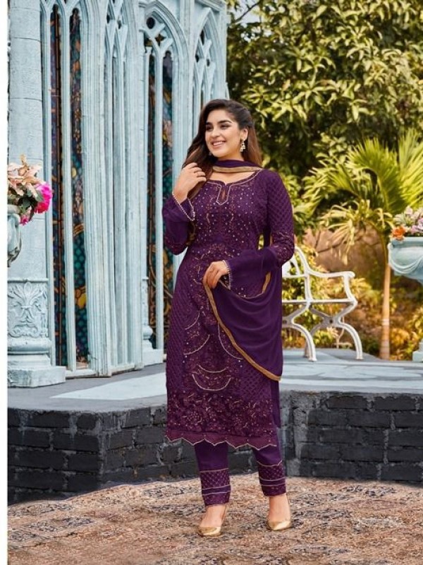 Pure Geogratte Fabrics Party Wear Suit  in Purple With Embroidery Work