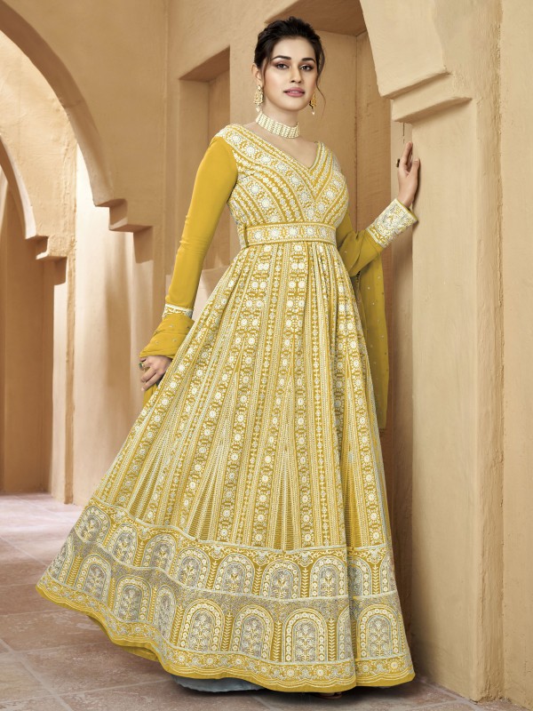Real Georgette Fabrics Party Wear  Gown In Yellow Color With Embroidery Work