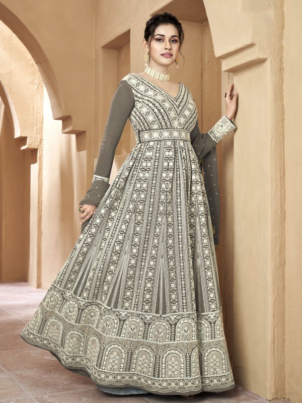 Real Georgette Fabrics Party Wear  Gown In Grey Color With Embroidery Work