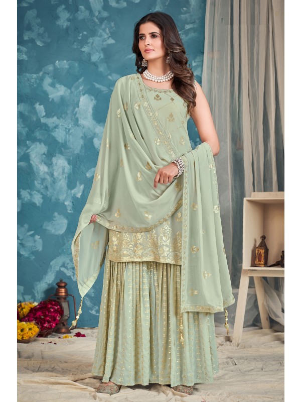 Pure Georgette Party Wear Sharara In Light Green With Embroidery Work 