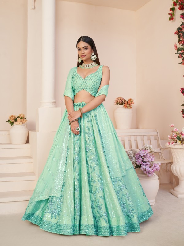 Geogratte Fabrics Party Wear Lehenga in Turquoise Color With Embroidery Work