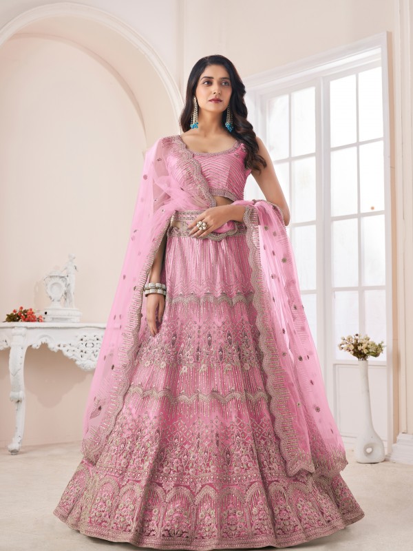 Soft Premium Net Fabrics Party Wear Lehenga in Pink Color With Embroidery Work