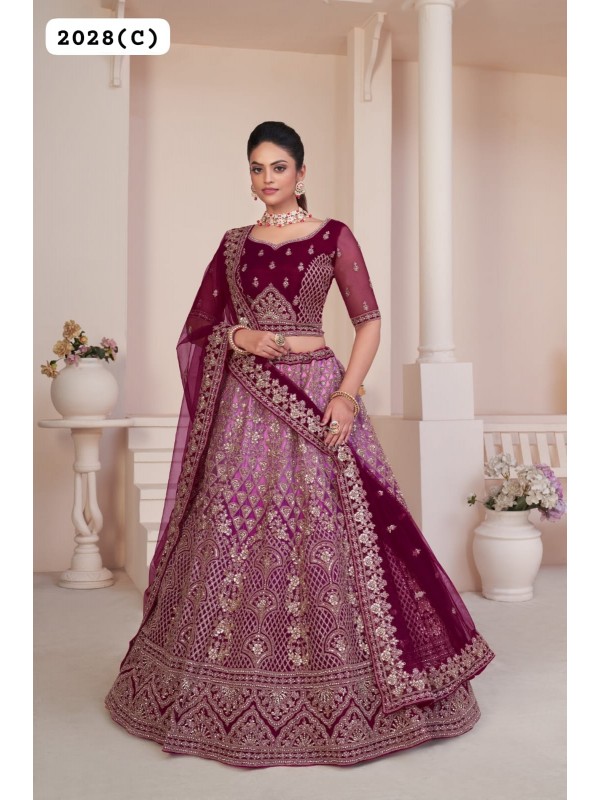 Soft Premium Net Wedding Wear Lehenga In Magenta Color  With Embroidery Work