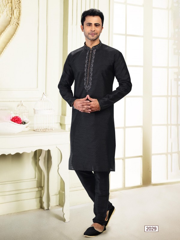 Jaquard Banarasi Silk Readymade Kurta in Black Color 