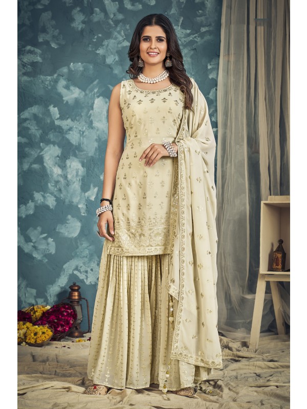 Pure Georgette Party Wear Sharara In Cream With Embroidery Work 
