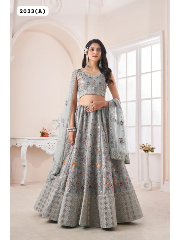  Silk Fabrics Party Wear Lehenga in Grey Color With Embroidery Work