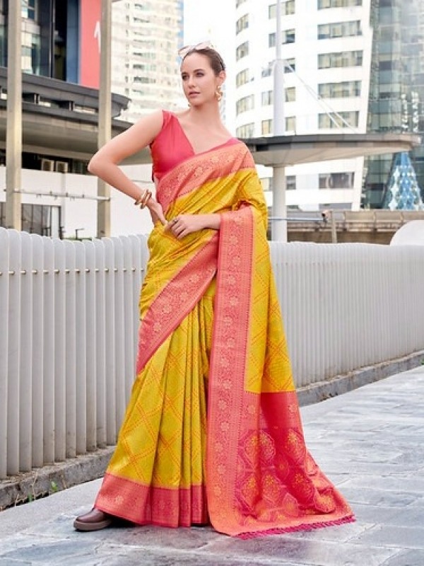 Soft Silk Party wear Saree In Yellow Color with Bandhani Weaving 