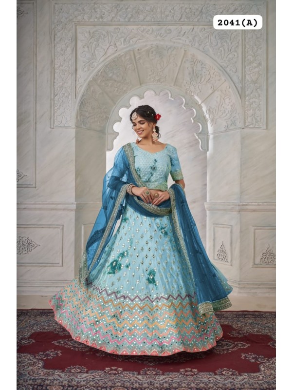 Crape Silk Fabrics Party Wear Lehenga in Blue Color With Embroidery Work