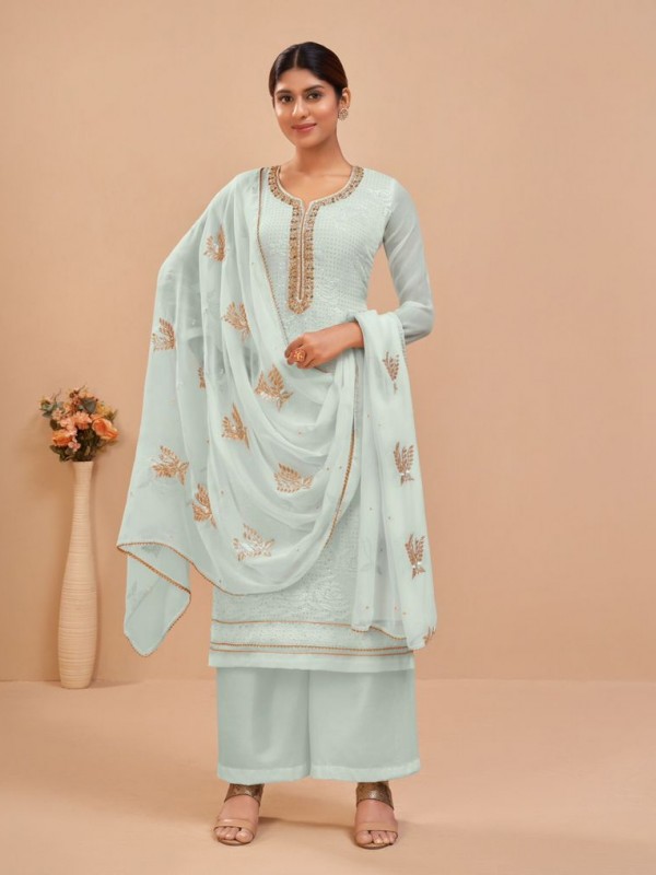 Pure Geogratte  Fabrics Party Wear Suit In Blue Color With Embroidery Work