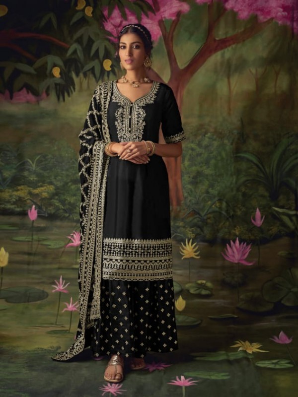 Soft Silk Party Wear Plazzo Black Color with  Embroidery Work
