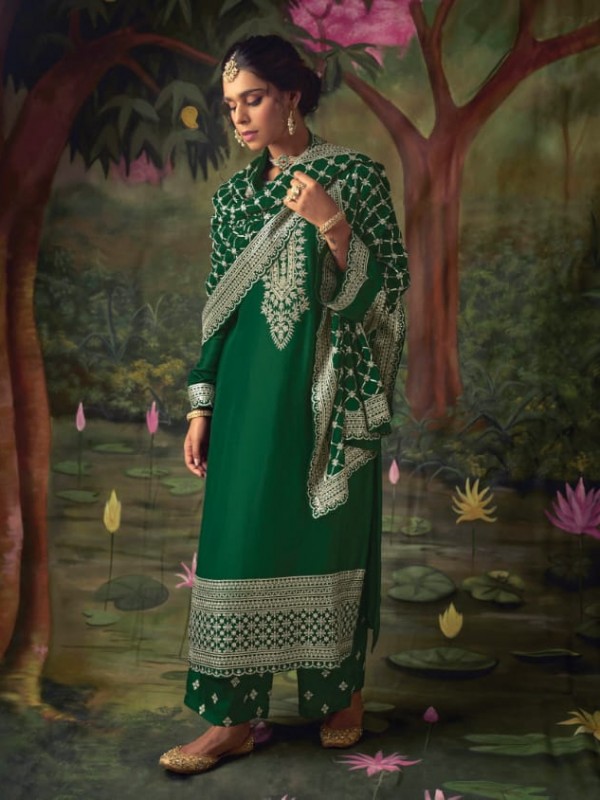 Soft Silk Party Wear Plazzo Green Color with  Embroidery Work