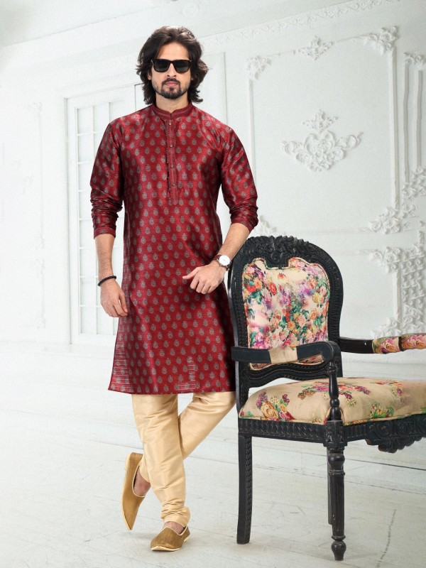Banarasi Silk Readymade Kurta in Red Color With Digital Print 