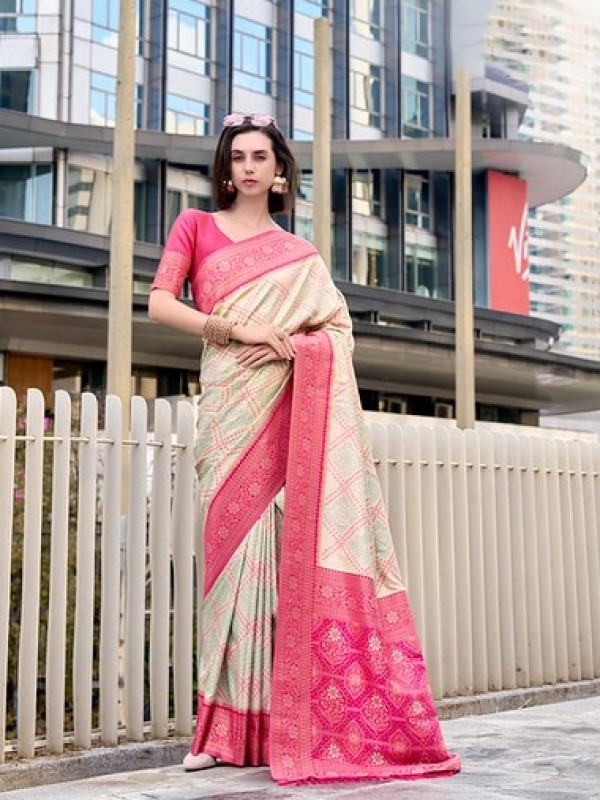 Soft Silk Party wear Saree In Cream Color with Bandhani Weaving 