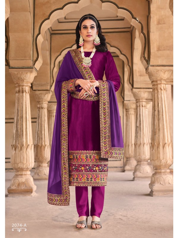 Velvet Party Wear  Suit  in Wine Color with  Embroidery Work