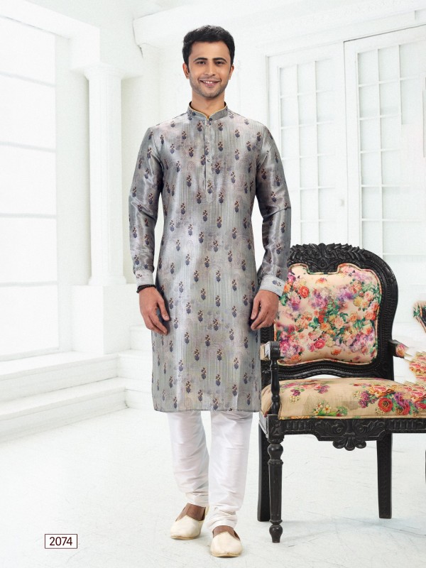 Banarasi Silk Readymade Kurta in Grey Color With Digital Print 