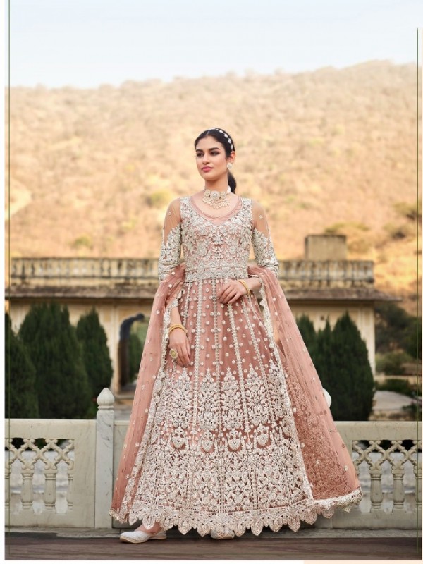 Butterfly Net Fabrics Party Wear  Gown In Peach Color With Embroidery Work